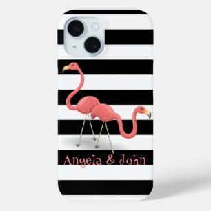 Cute Flamingos, Black, White Stripes Personalized
