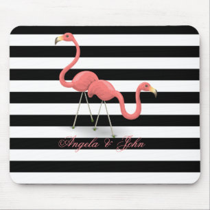 Cute Flamingos, Black, White Stripes Personalized Muismat