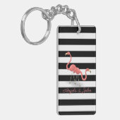 Cute Flamingos, Black, White Stripes Personalized Sleutelhanger (Voorkant Links)