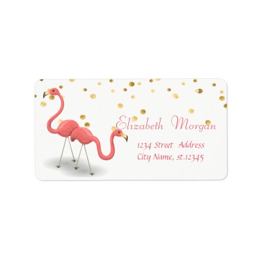 Cute Flamingos White, Faux Gold Foil Confetti Etiket (Voorkant)