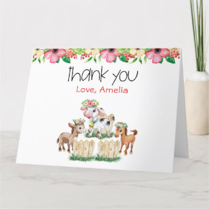 Cute Floral Animaux de ferme pliés Carte de remerc