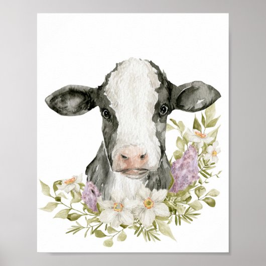 Cute Floral Black Cow Poster Print (Devant)