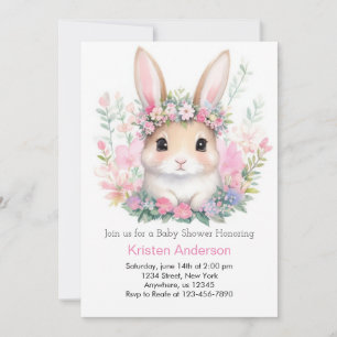 Cute Floral Bunny Girl Baby shower Kaart