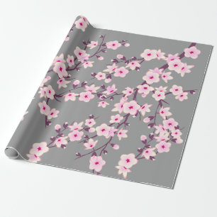 Cute Floral Cherry Blossom Pink Grey Cadeaupapier