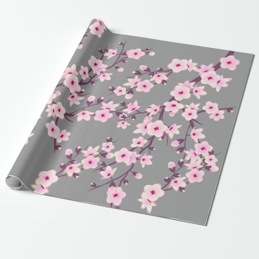 Cute Floral Cherry Blossom Pink Grey Cadeaupapier (Uitgerold)