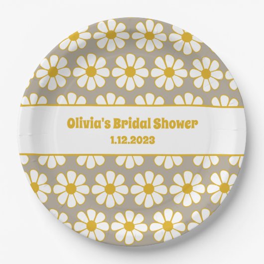 Cute Floral Daisy Pattern Mustard White Grey Papieren Bordje (Voorkant)