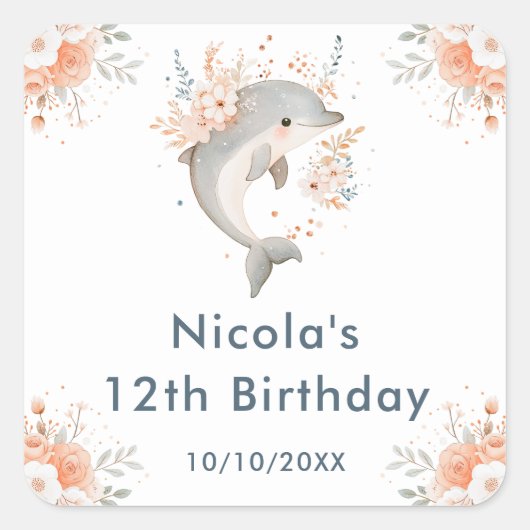 Cute Floral Dolphin Birthday Party Vierkante Sticker (Voorkant)