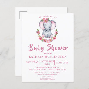 Cute Floral Elephant Pink Baby shower Invitation P Uitnodiging Briefkaart