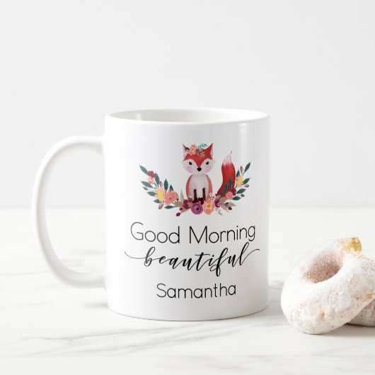 Cute Floral Fox Good Morning Script Speciaal Koffiemok (Met donut)