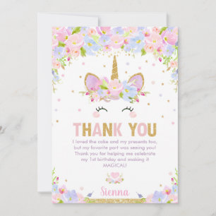 Cute Floral Happy Unicorn Girl 1e verjaardag Bedankkaart