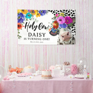 Cute Floral Heilige Koe Kinderen Birthday Party Spandoek