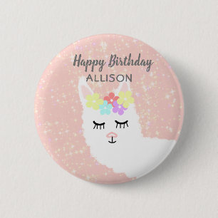 Cute Floral Llama Blush Pink Birthday Specialized Ronde Button 5,7 Cm