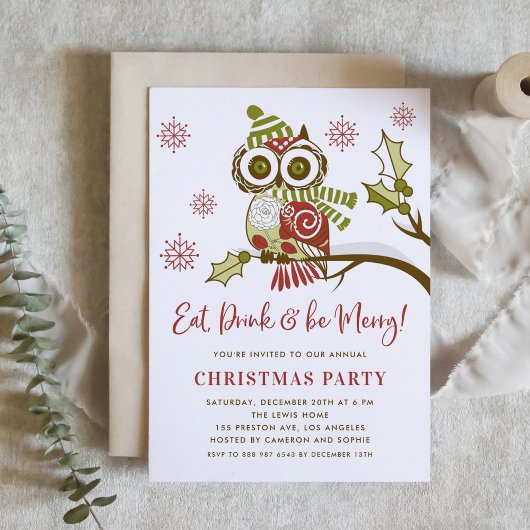 Cute Floral Noël Owl Fête Invitation