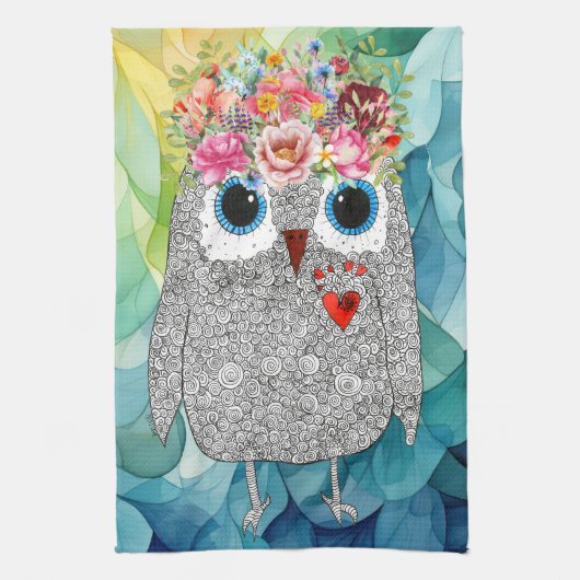 Cute Floral Owl Serviette de cuisine (Vertical)