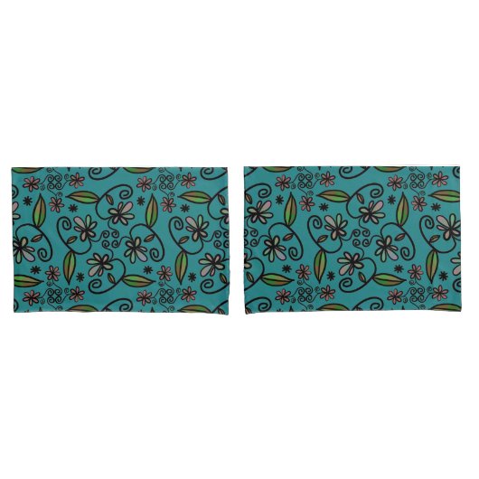 Cute Floral Pattern Teal Kussensloop (Voorkant-Set)