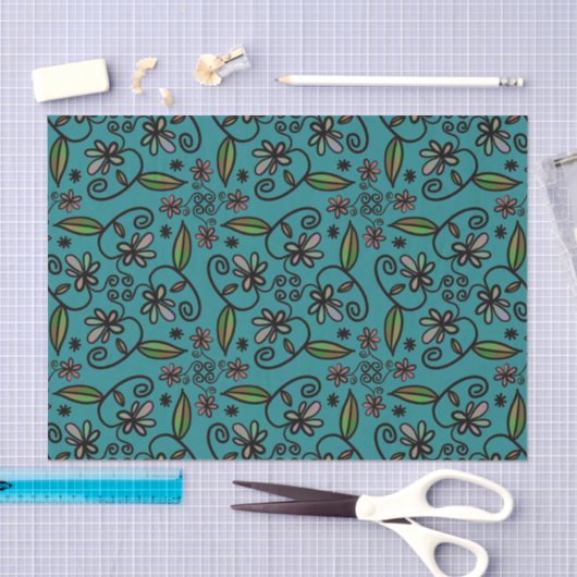 Cute Floral Pattern Teal Tissuepapier (Craft)