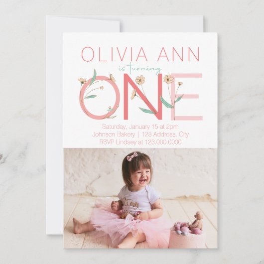 Cute Floral Photo First Birthday Invitation (Devant)