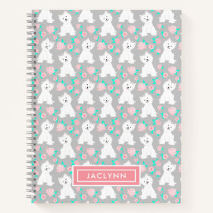 Cute Floral Puppy Pattern   Gepersonaliseerd   Gri Notitieboek