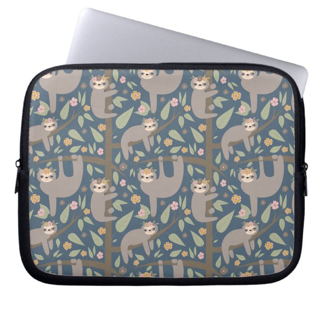 Cute Floral Sloth Pattern Laptop Sleeve (Voorkant)
