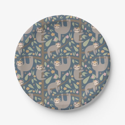 Cute Floral Sloth Pattern Papieren Bordje (Voorkant)