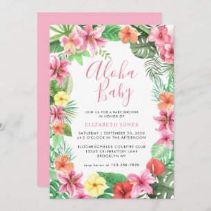 Cute Floral Tropical Summer Pink Aloha Baby shower Kaart