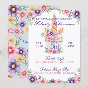 Cute Floral Unicorn Cupcake Baby shower Uitnodigin Kaart