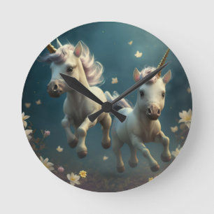 Cute floral Unicorns vliegend klein pony Ronde C Ronde Klok
