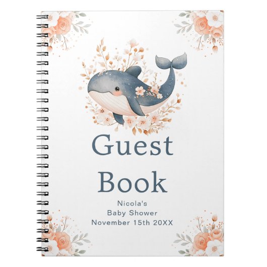 Cute Floral Whale Baby Shower Guest Book Notitieboek (Voorkant)