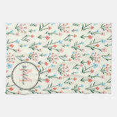 Cute Flower Ivory White Elegant Pink Monogram Theedoek (Horizontaal)