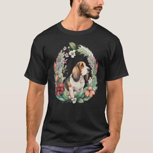 Cute Flower summer Floral Basset Hound T-shirt (Voorkant)