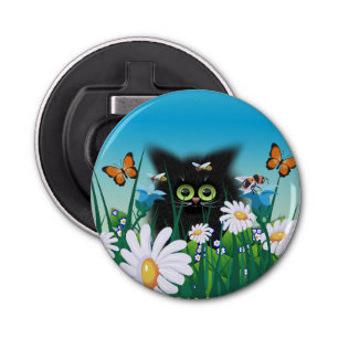 Cute Fluffy Black Kitten en Daisies Art Button Flesopener