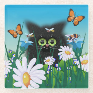 Cute Fluffy Black Kitten en Daisies Art Glazen Onderzetter