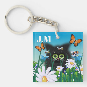 Cute Fluffy Black Kitten en Daisies Art Monogram Sleutelhanger