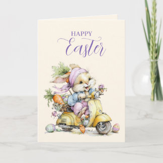 Cute Fluffy Bunny in a Scooter Happy Easter Card Feestdagen Kaart
