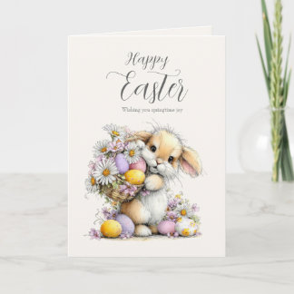 Cute Fluffy Bunny with Egg Basket Easter Card Feestdagen Kaart