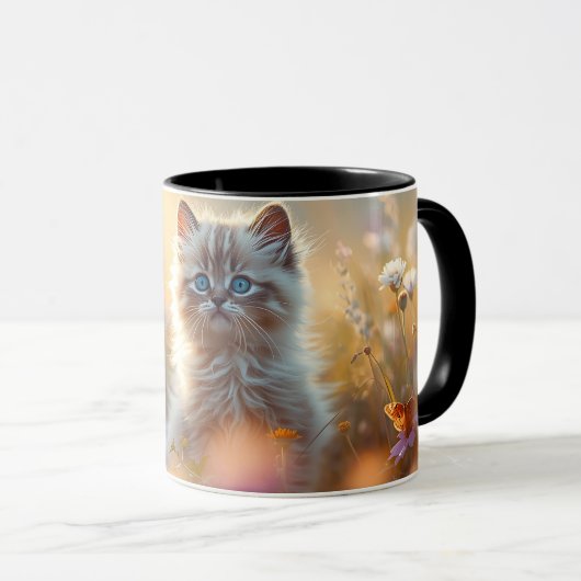 Cute Fluffy Kitten in Wildflowers Coffee Mug Mok (Voorkant rechts)