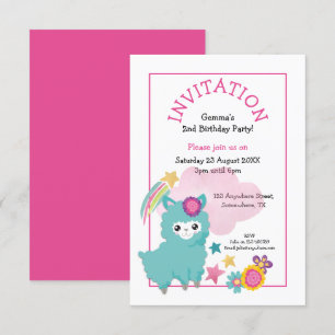 Cute Fluffy Llama Young Child Birthday Party Pink Kaart
