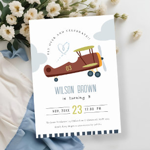 Cute Fly Over Airplane Cloud Heart Birthday Invite Bedankkaart