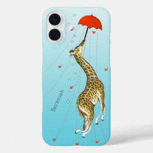 Cute Flying  Giraffe with Umbrella on Aqua iPhone 16 Plus Hoesje