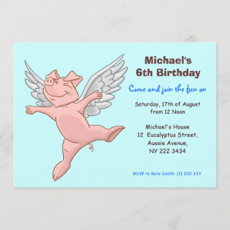Cute Flying Pig Birthday Party Invitation Kaart