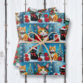 Cute Folk Art Impasto Cat Festive Christmas Inpakpapier Vel