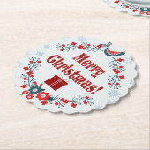 Cute Folk Art Merry Kerstmis Wreath Kartonnen Onderzetters (Gekanteld)