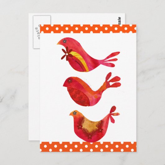 Cute Folk Art Red Bird Trio Waterverf Briefkaart (Voorkant / Achterkant)