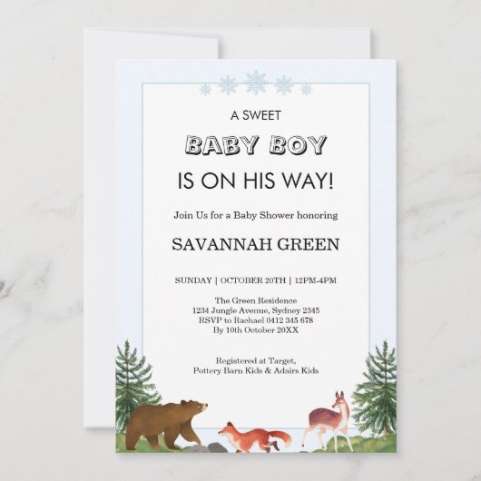 Cute Forest Animals Baby Boy Shower Design Kaart (Voorkant)