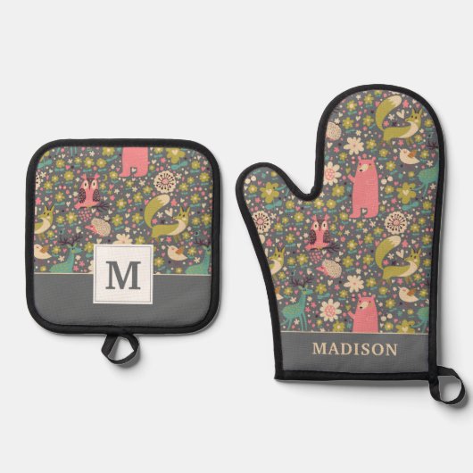 Cute Forest Animals Pattern Ovenwant & Pannenlap Set (Voorkant)