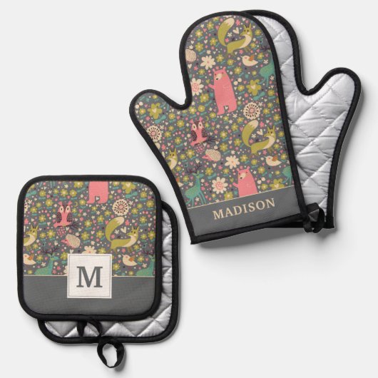 Cute Forest Animals Pattern Ovenwant & Pannenlap Set (Voorkant / Achterkant)