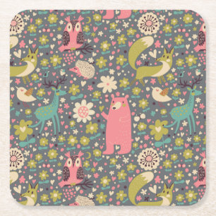 Cute Forest Animals Pattern Vierkante Kartonnen Onderzetter