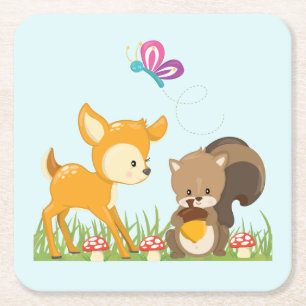 Cute Forest Animals Whimsical Cartoon Vierkante Kartonnen Onderzetter
