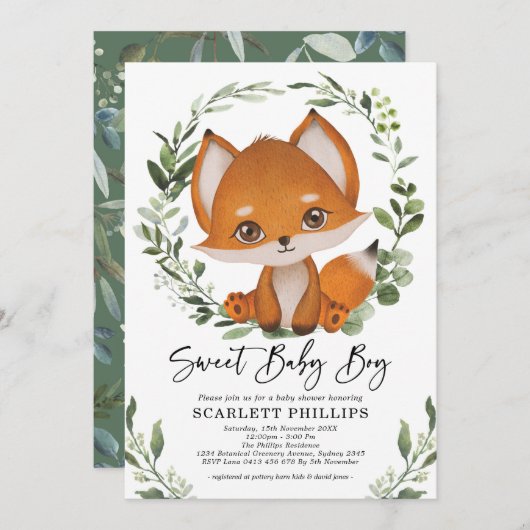 Cute Forest Fox Greenery Wreath Baby Boy Shower Kaart (Voorkant / Achterkant)