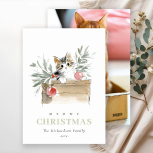 Cute Foto Waterverf Meowy Kerstmis Doos Kat Feestdagenkaart